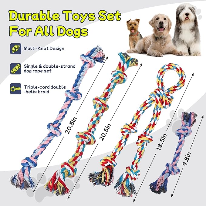 Rocfish 4 Pack Dog Rope Toys for Aggressive Chewers, Tough Tug of War Dog Toys for Large, Medium & Small Dogs, 100% Cotton Teeth Cleaning Chew Toys, Heavy Duty Tug Toy to Relieve Dog Boredom