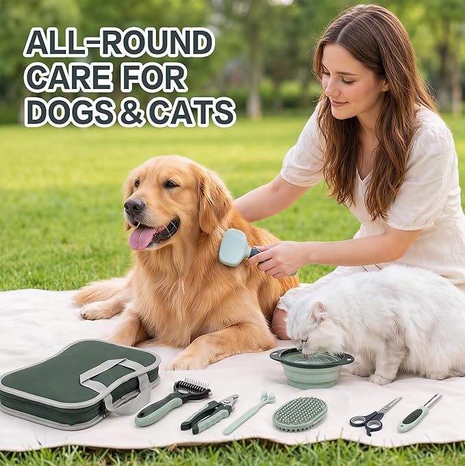 Thalirem Dog Grooming Kit, 8 in 1 Pet Grooming Kit with Collapsible Travel Bowl, Portable Grooming Tools with Storage Bag for Dogs Cats Home Outdoor
