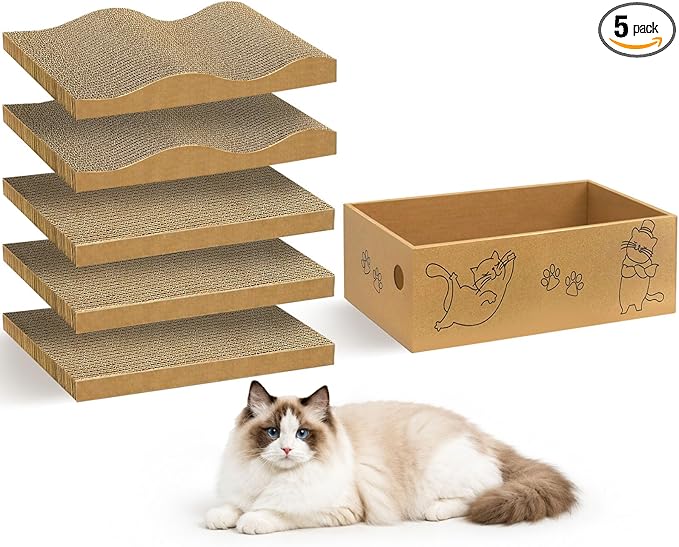 5 Packs Cat Scratcher Set with Storage Box, 2 Wave Lounge Pads + 3 Flat Corrugated Cardboard Scratch Pads for Indoor Cats, Replaceable Scratch Boards to Protect Furniture