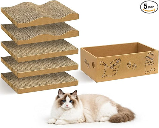 5 Packs Cat Scratcher Set with Storage Box, 2 Wave Lounge Pads + 3 Flat Corrugated Cardboard Scratch Pads for Indoor Cats, Replaceable Scratch Boards to Protect Furniture