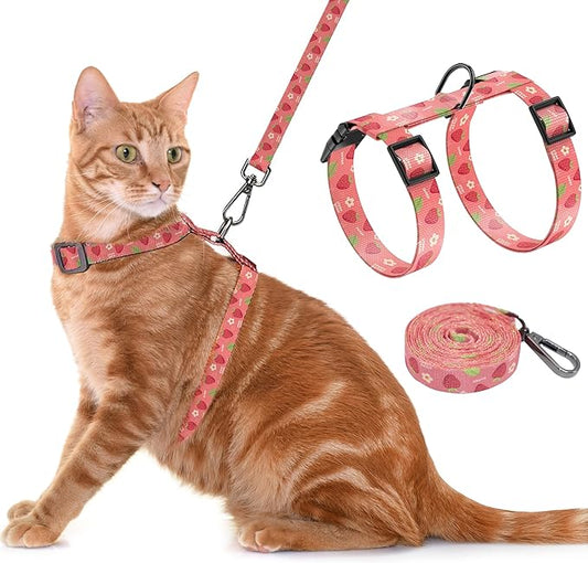 Seyezo Cat Harness and Leash Set, Adjustable Kitten Harness Escape Proof Cats Harness, Soft Lightweight Walking Travel Pet Harness, Cute Kitty Harness Leash Set for Small Medium Cats, Pink Strawberry