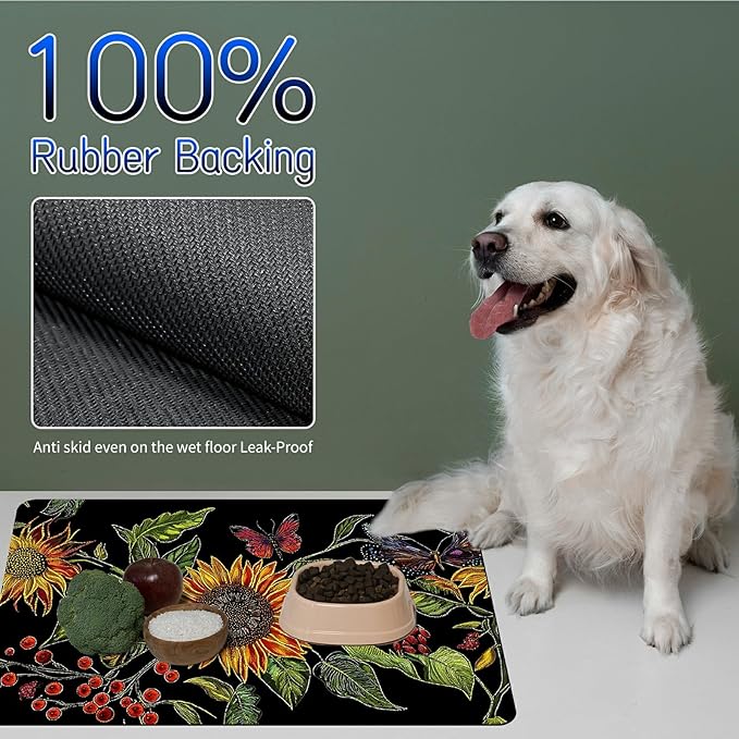 Dog Food Mat, 15.7" x 23.6" Absorbent Pet Feeding Mat for Food and Water, Waterproof Diatom Mud Pet Placemat with Non-Slip Rubber Backing, Cat Bowl Mat for Floors - Red Butterfly Sunflower