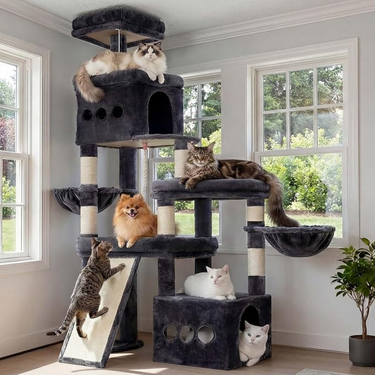 Heybly Cat Tree, 72.4-Inch Anti-Tip Cat Tower for Large Cats, All-in-One Cat Furniture with Spacious Perches, Multiple Interactive Areas, Extra-Large Sisal Scratching Board, Smoky Gray HCT060G