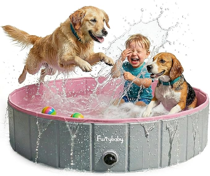 Furrybaby Dog Pool, Kiddie Pool Hard Plastic Foldable Dog Pools for Large Dogs Portable Pet Doggie Wading Swimming (Pink 47'') Indoor and Outdoor
