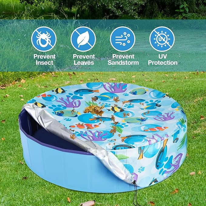Foldable Round Dog Swimming Pool Cover, for 32 "/63“/48” Collapsible Outdoor Tub, PVC Coating Waterproof and UV Protection, Leakproof Washable Kiddie Pet Small Paddling Bath Accessories