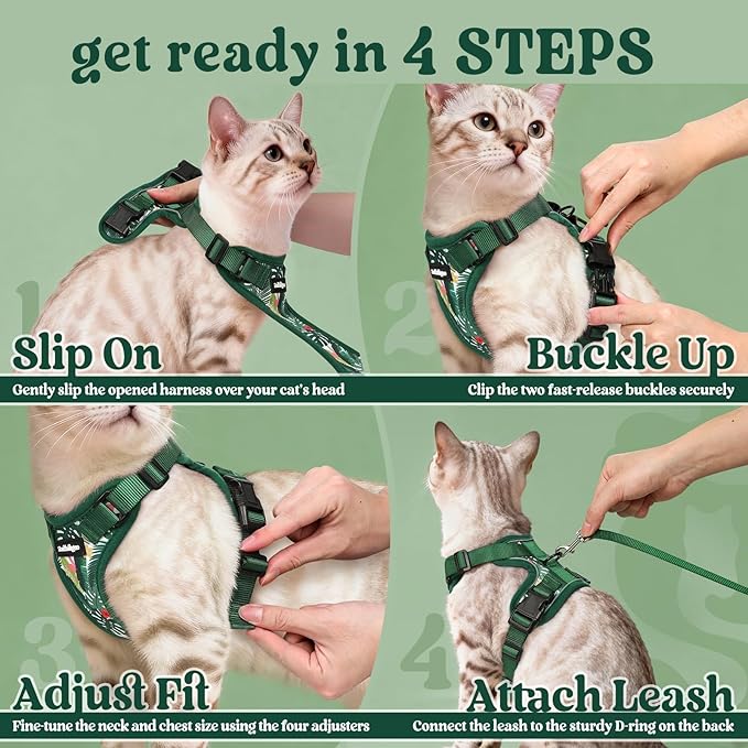 rabbitgoo Cat Harness and Leash Set, Escape Proof Vest Harness for Safe Outdoor Walks, Soft Breathable Adjustable Vest with Reflective Strips for Average to Large Cats, Rainforest Green, M