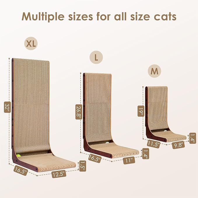 EHEYCIGA Cardboard Cat Scratcher for Indoor Cats, 32 Inch L Shaped Vertical Cat Scratching Board with Ball Cat Toy, Extra Large Cat Scratcher Pad, Dark Brown