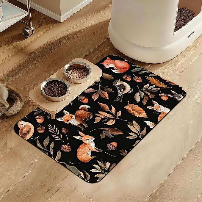 Wild Forest Animals Pet Feeding Mat–Quick Dry Absorbent Dog Cat Food Mat, Non Slip Waterproof Bowl Placemat for Messy Eaters, Pet Accessories for Floors 12"x20"