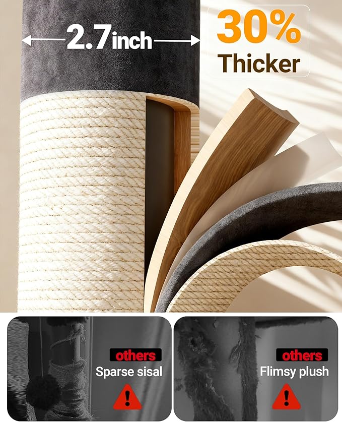 【Scratch & Playhouse】 PetDance Small Cat Tree Tower with Scratching Posts【100% Natural Sisal】, Wood Track Ball Toy & Self-Grooming Brush for Bored Indoor Cats, Mist Blue