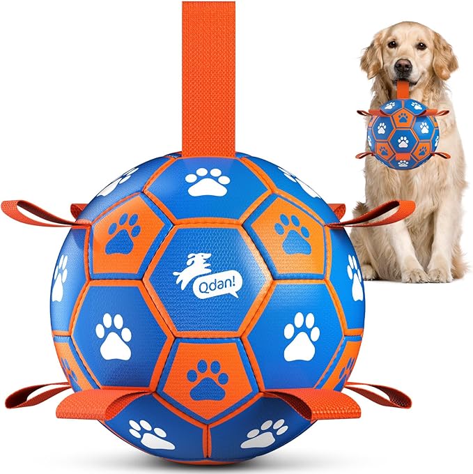 QDAN Dog Ropes Toys Soccer Ball with Straps, Puppy Birthday Gifts, Tug Toy, Durable Dog Balls for Medium & Large Dogs- Blue Orange(8 Inch)