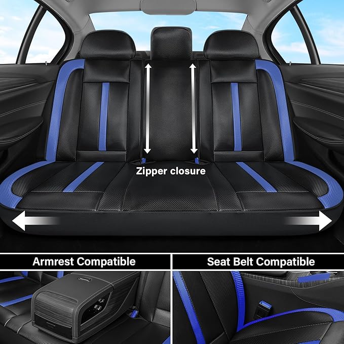 Coverado Leather Car Seat Covers Full Set & Carbon Fiber, Waterproof and Durable All Weather Protector, Universal Fit for SUV, Pickup Truck, Sedan, Automotive Vehicle Interior, Black&Blue