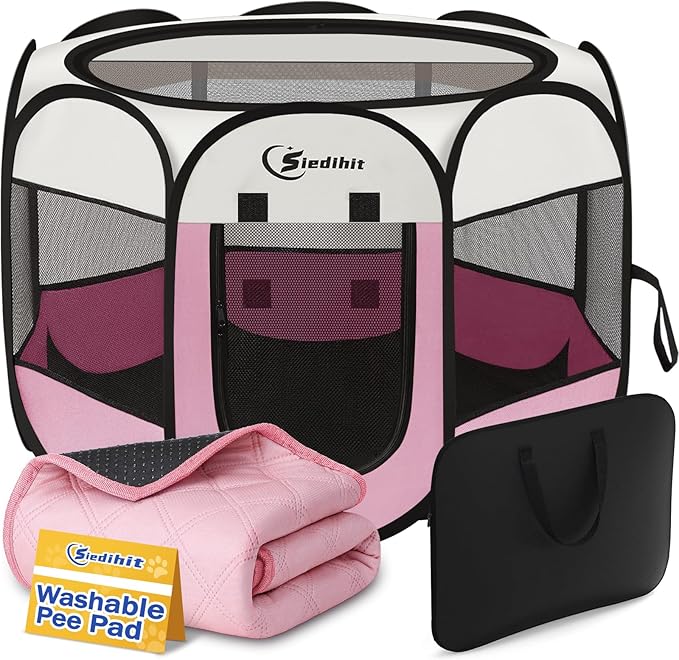 Pink Puppy Playpen for Middle Dog Cat, Dogs Tent Crate Cage Indoor/Outdoor, Portable Pop Up Dog Kennel with Carrying Bag for Rabbits, Removable Top (Pink with Pad, Large)
