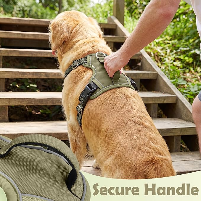 Funfox Dog Harness No Pull, Adjustable Pet Vest Harness, Super Soft Material with Vertical Handle Easy Control, Reflective Night Walking, 2 Leash Clips for Large Dogs, Army Green, L