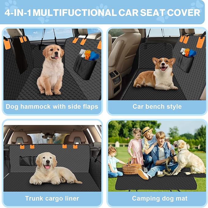 ZRRAJOY Dog Car Seat Cover for Back Seat, Waterproof Protector with Side Flaps, Scratchproof Hammock, Non-Slip Bottom for Cars/Trucks/SUVs (Black)