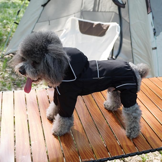 LOVELONGLONG Fleece-Lined Dog Raincoat with Removable Hood – Waterproof Winter Full Body Dog Jacket – Windproof Snowproof Cold-Weather Suit – Black-F M