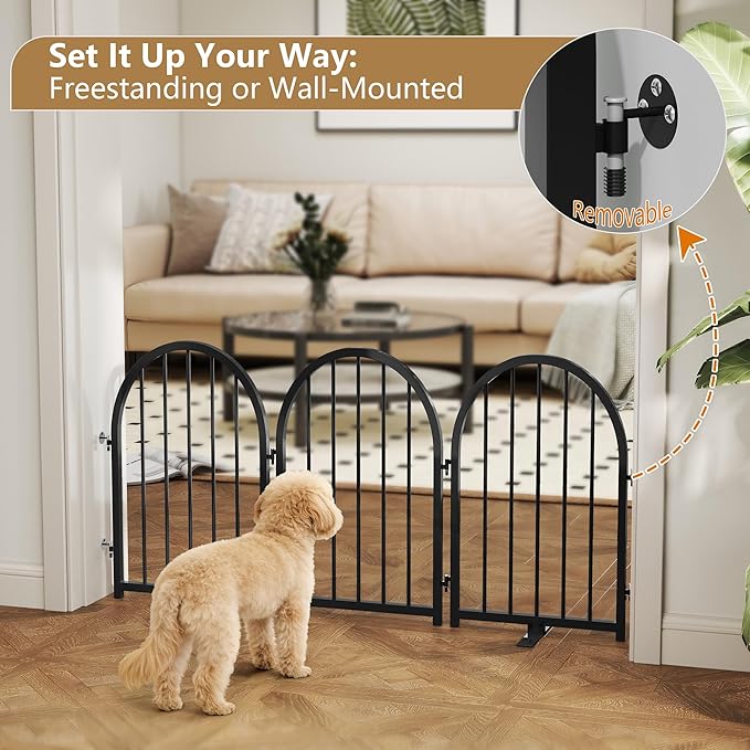 PUPETPO Full Metal Dog Gate with Door for Indoor Outdoor, 24" Tall Free Standing Pet Dog Fence, 72" Extra Wide Pet Gates for Stairs, Hallways, Doorways, Kitchen, Decks, Yards (Black, 4 Panels)