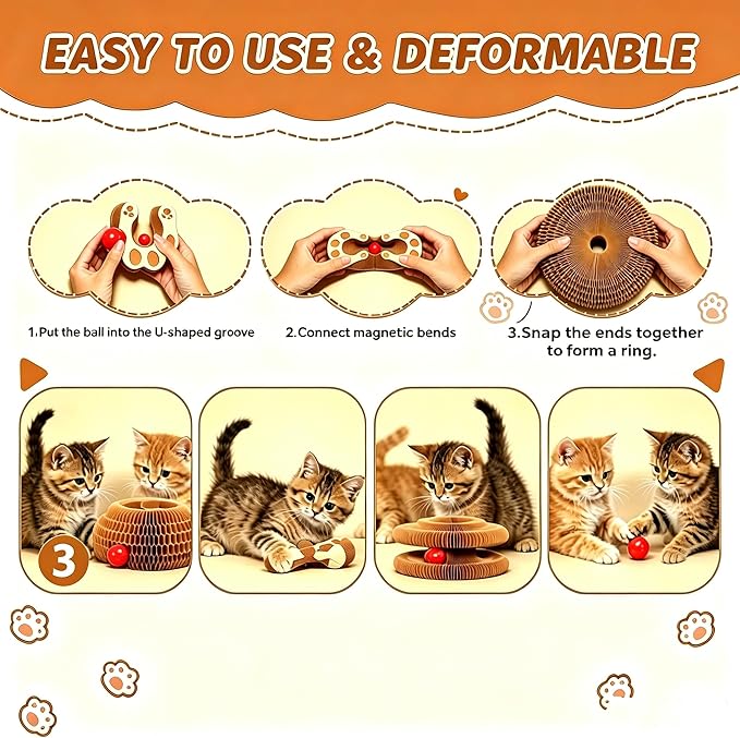 Kitty Curls Cat Toy, Magnetic Magic Organ Cat Scratch Board, Foldable Cat Accordion Toy, Interactive Track Scratcher Pad with Toy Catnip Bell, Durable Eco-Friendly Ring for Play, Chase & Scratch