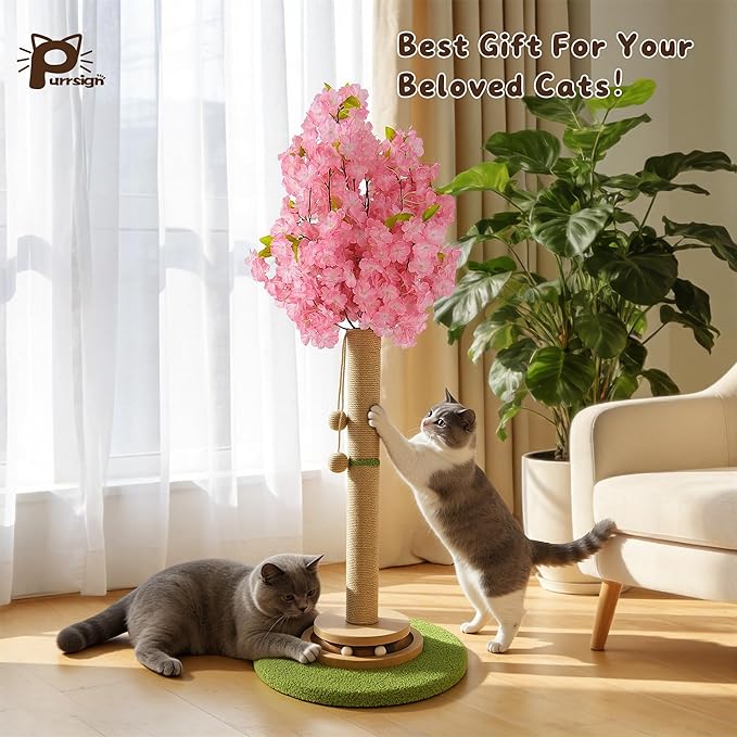 Cherry Blossom Cat Scratching Post, 36" Tall Natural Sisal Sturdy Base Tower with Interactive Trackball Toy for Indoor Kittens & Large Felines, Japanese Aesthetic Floral Furniture Decor