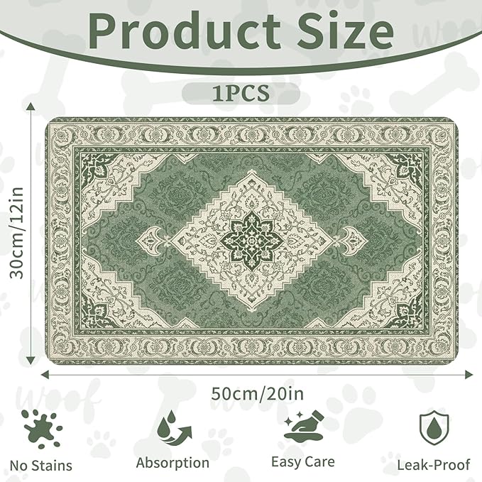 Pet Dog Cat Food Mat, Absorbent Dog Bowl Mats for Food and Water, Non Slip Boho Dogs Cat Placemats Feeding Mat for Floors Indoor Puppy Pet Accessories Supplies 12 * 20 inch, Retro Green