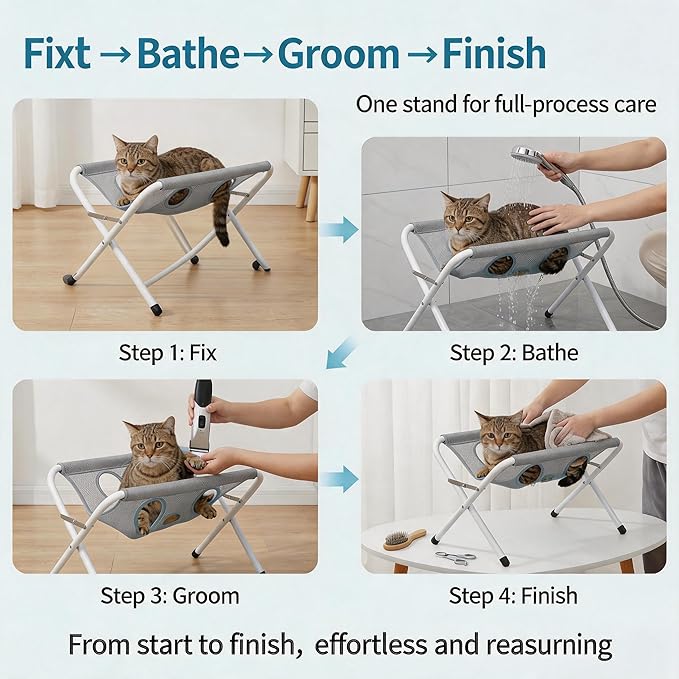 Pet Grooming Solutions Foldable Pet Grooming Hammock Stand for Small Cats and Dogs, Gray Breathable Mesh, Bathing, Nail Clipping, Grooming
