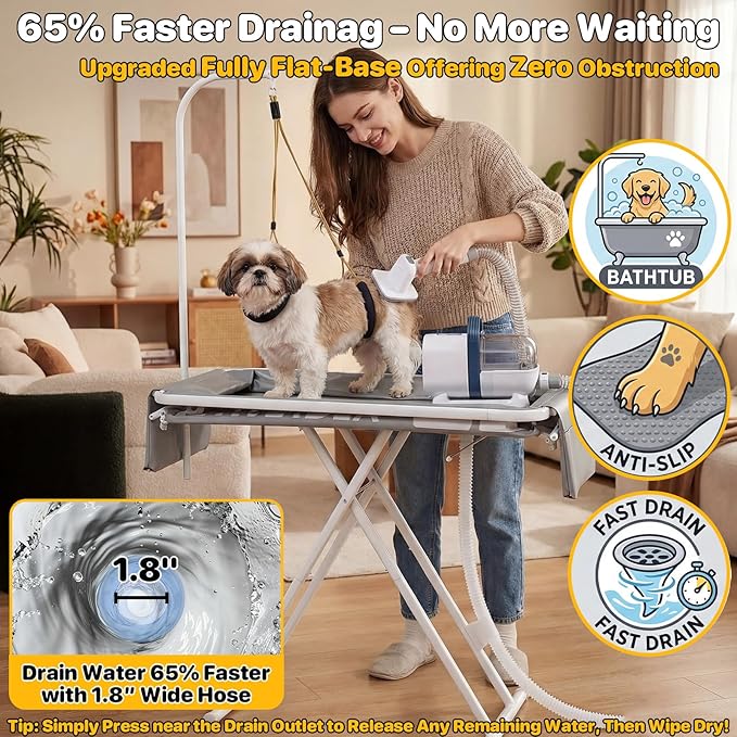 PAWZIDEA 2-in-1 Portable Dog Bathtub & Grooming Table, 33" Foldable Pet Washing Station for Small to Medium Dogs Cats up to 40lbs, 5 Height Adjustable Elevated Bath Tub Indoor Outdoor, Storage Pocket