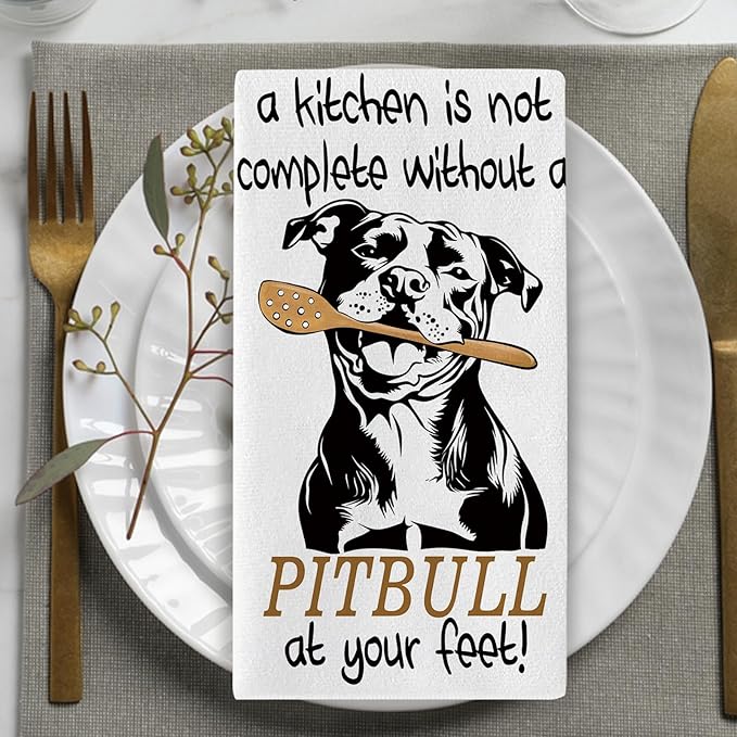 Funny Pitbull Dog Kitchen Dish Towels Set of 2, Cute Paw Prints Drying Hand Towel Baking Cooking Cloth, Home Decoration Gifts for Pet Dog Owner Lover 18'' x 26''