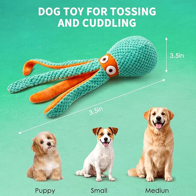 Fuufome Squeaky Octopus Plush Dog Toy for Small Medium Dogs, Soft Crinkle Chew Toy for Puppies Teething, Indoor Interactive Tug-of-War Dog Toy