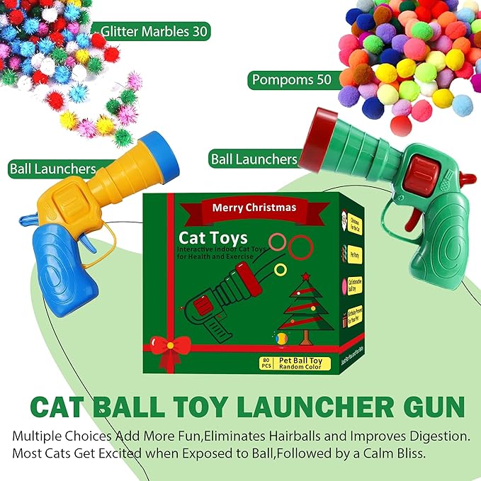 82Pcs Cat Toys Gun Launcher,Cat Toy Ball Launcher Gun，Cat Toy Launchers，Low Noise Interactive Cat Ball Launcher Gun，30 Pcs Sparkle Pom Pom Balls for 50Pcs Pom Pom Balls