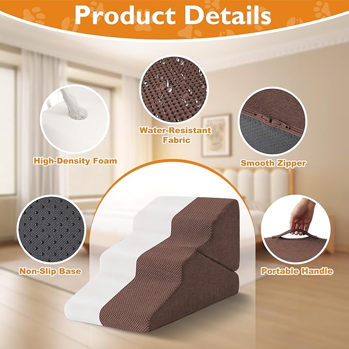 Dog Stairs for Small Dogs 16’’ H, 3-Step Dog Steps for Bed, Foldable Pet Stairs and Ramp for Dogs and Cats to Get on Beds, Couch, Non-Slip Balanced Pet Steps with Waterproof Cover, Brown