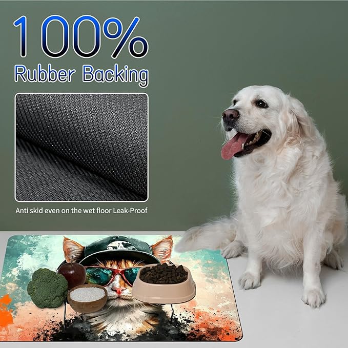 Dog Food Mat, 15.7" x 23.6" Absorbent Pet Feeding Mat for Food and Water, Waterproof Diatom Mud Pet Placemat with Non-Slip Rubber Backing, Cat Bowl Mat for Floors - Earphone Operation