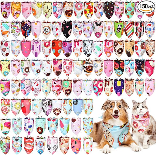 Huhumy 150 Pcs Donut Dog Bandanas Bulk Pet Bibs Colorful Triangle Scarf Donut Pet Bandanas for Medium Large Dogs Spring Summer Candy Theme Birthday Costume Decor