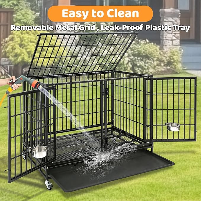 Homey Pet 43 Inch 2 Tiers Dog Crate Cage Kennel with Divider, Stackable Heavy Duty Dog Crate for Large Dogs, Escape Proof Indestructible Dog Kennel Indoor with Removable Tray, Lockable Wheels(2 Packs)