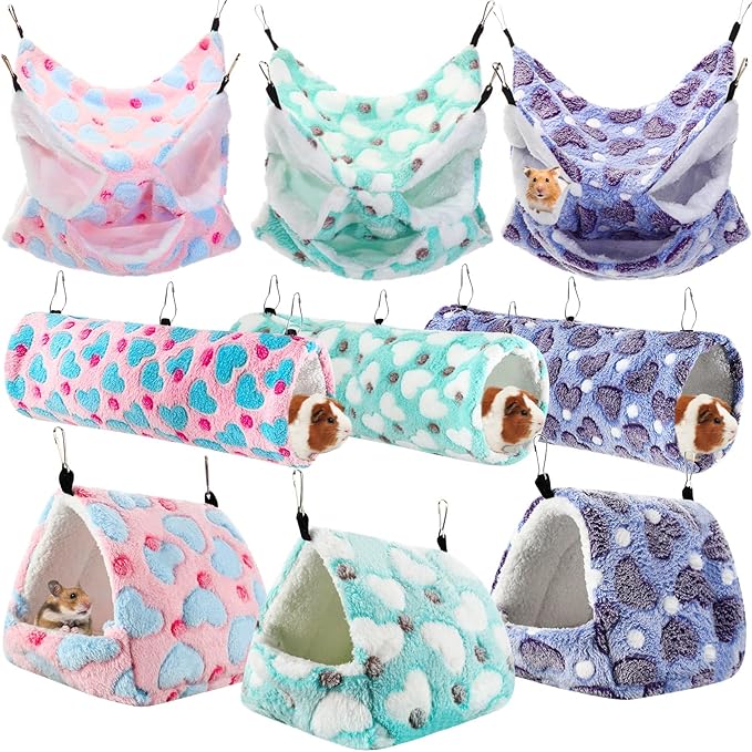 Abbylike 9 Pieces Rat Hammock 3 Tier Guinea Pig Ferret Hammocks Small Pet Hanging Tunnel Glider Toy Guinea Pig Ferret Hideout Bed Cage Accessories for Hamster(Green, Purple, Pink,Heart)