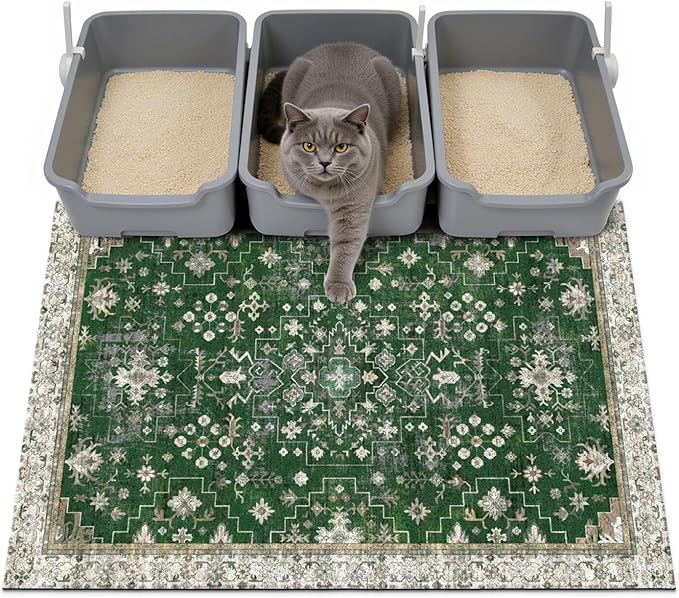 Cat Litter Mat Litter Trapping Mat, 40"x30" Waterproof Urine Proof Litter Box Mat Catcher Mat Non-Slip Washable for Kitty Kitten, Green