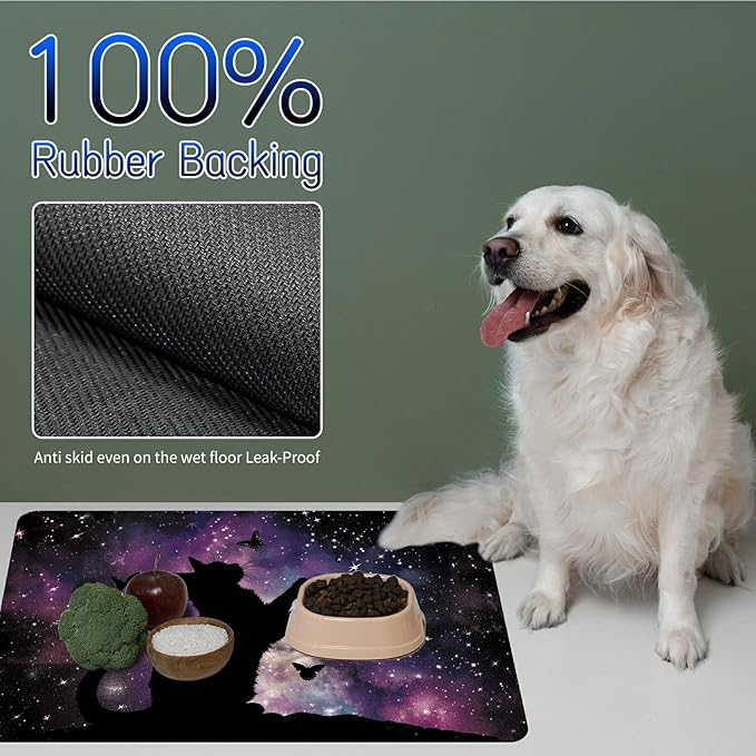 Dog Food Mat, 19.6" x 23.6" Absorbent Pet Feeding Mat for Food and Water, Waterproof Diatom Mud Pet Placemat with Non-Slip Rubber Backing, Easy Clean Cat Bowl Mat for Floors - Dark Cat
