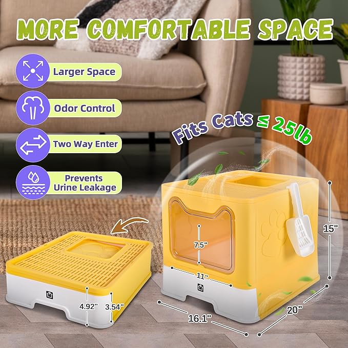 Covered Cat Litter Box with Litter Mat, Foldable Extra Large Dual Entry Adjustable Door, Drawer Design Enclosed Kitty Litter Box, Odor Control Anti-Splashing Easy Cleaning (Yellow)