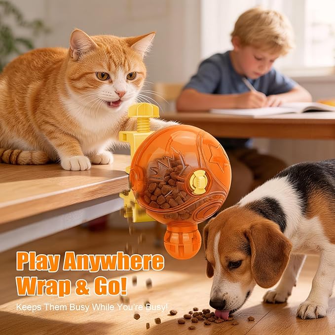 Cat Slow Feeder Puzzle Toy with Clamp Mount, Interactive Spinning Ball Treat Dispenser, Adjustable Feeding Openings for Dry Food, Enrichment Food Dispenser for Indoor/Outdoor, Cats/Small Dogs