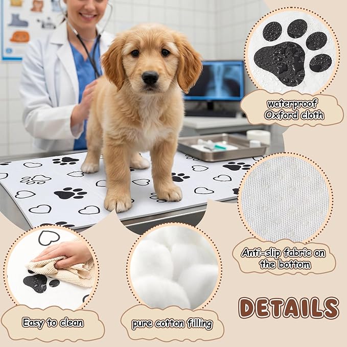 AceOrbit 1 Pack 24x36 Inch Non-Slip Dog Grooming Mat for Table Dog Vet Mat Black and White Paw Print Pet Grooming Pad for Cat Pet Checkups Rehabilitation Bath, Waterproof and Easy to Clean
