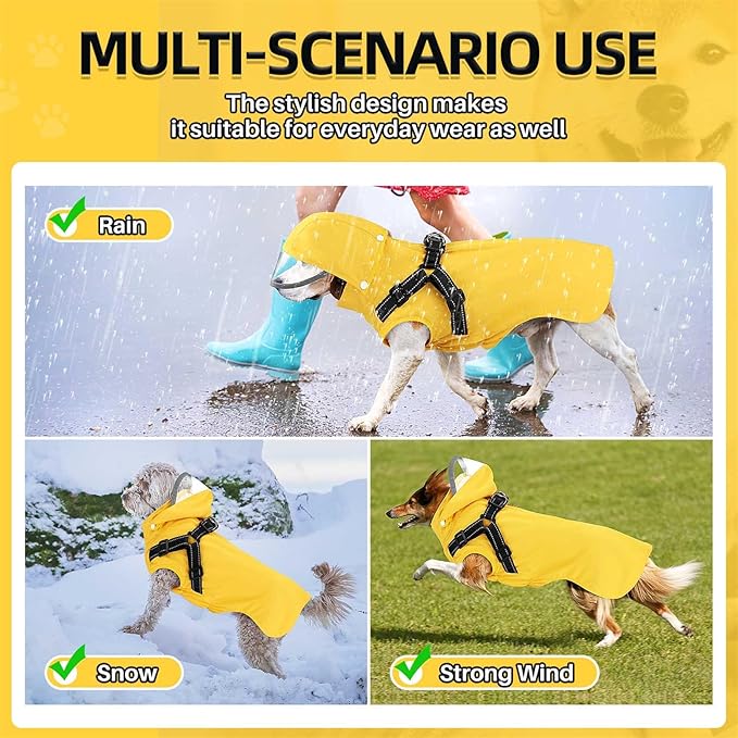 SlowTon Dog Raincoat Waterproof - Dog Rain Jacket with Harness and Hood Lightweight, Reflective Dogs Rain Coat for Large Medium Small Dogs Pet Clothes (Y, L)