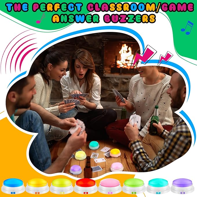 8 Pack Recordable Game Buzzers with Lights & Sound – Loud Trivia & Family Feud Buzzers for Classroom, Parties & Game Nights