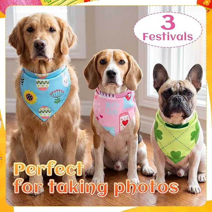 Huhumy 100 Pcs Easter Seasonal Dog Bandanas Easter Valentines Day St. Patrick's Day Theme Pet Bandanas Bulk Holiday Triangle Pet Bibs Scarf for Medium Large Dog Spring Festival Costume Decor