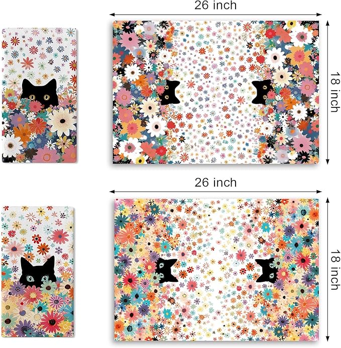 Black Cat Floral Kitchen Dish Towels Set of 2, Spring Summer Colorful Flower Drying Hand Towel Baking Cooking Cloth, Wildflower Bathroom Home Decoration Pet Cat Owner Lover Gifts 18'' x 26''