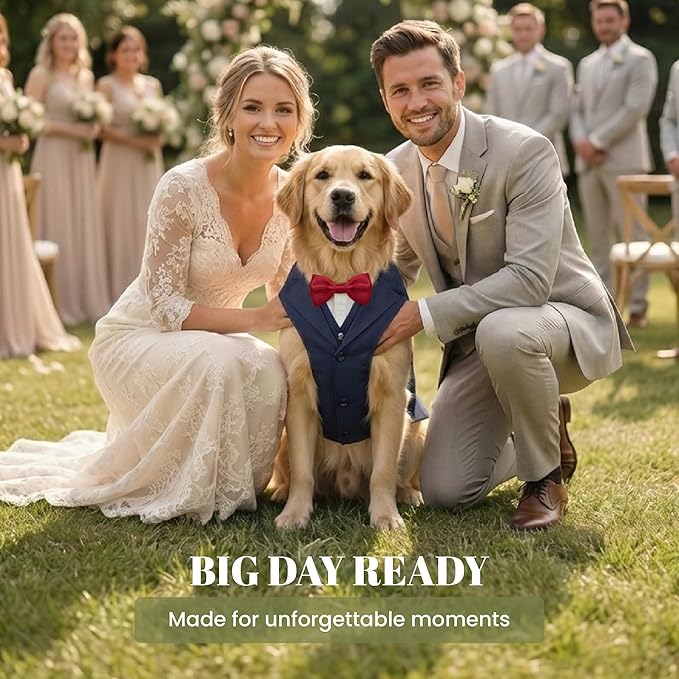 AVERYDAY Dog Tuxedo with Bow Tie for Wedding Outfit, Dog Suit Costume for Christmas Halloween Valentine’s Day, Adjustable Pet Tux Harness with Leash Ring, Formal Wear for Small Medium Large Dogs