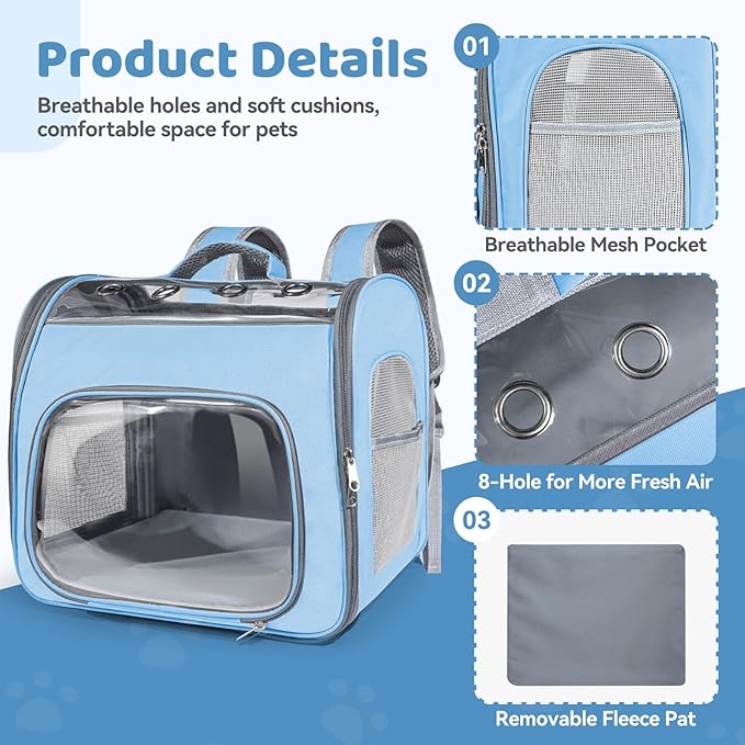 Cat Soft-Sided Carrier Backpack, Breathable Mesh Foldable Pet Travel Carrier with Reinforced Support, Portable Puppy Carrying for Kitty Up to 15lbs (Blue)