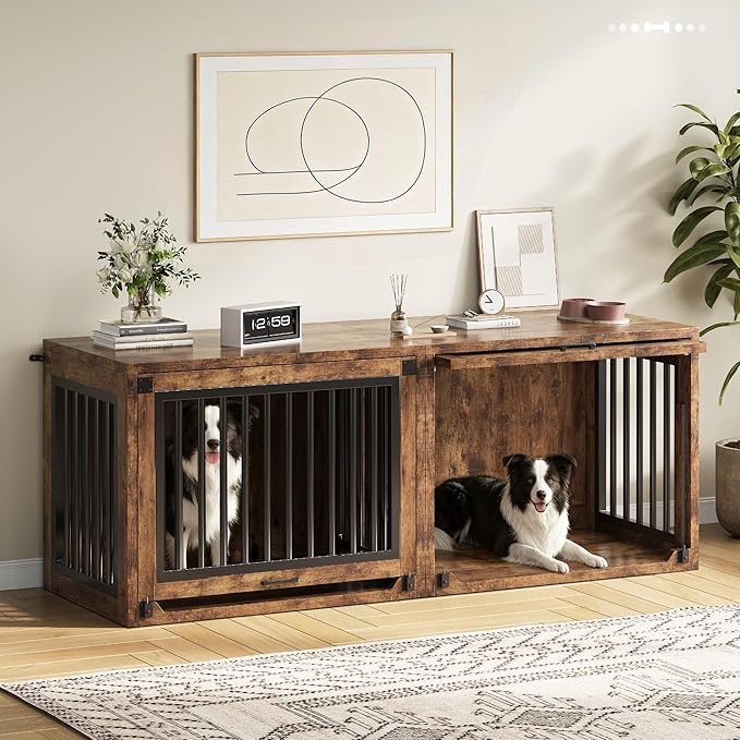 Jocoevol Dog Crate Furniture - 35'' Wooden Dog Kennel for Dogs up to 50 lb, Medium Dog Crate with Hidden Sliding Door, Heavy Duty Dog Cage with Safety Latch and Quiet Pads, Rustic Brown