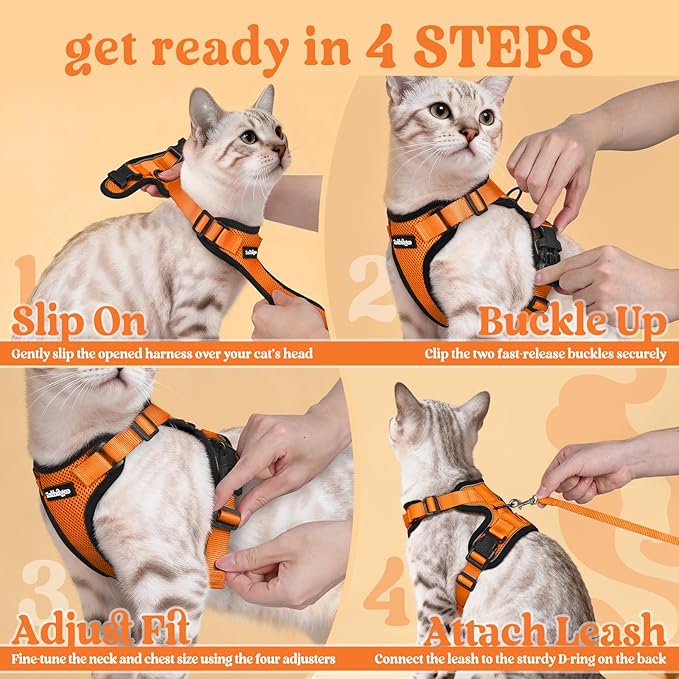 rabbitgoo Cat Harness and Leash Set, Escape Proof Vest Harness for Safe Outdoor Walks, Soft Breathable Adjustable Vest with Reflective Strips for Average to Large Cats, Orange, M