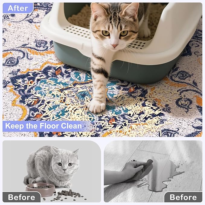 Bienbee Cat Litter Mat, 24" x 15" Litter Box Mat Rug with Non-Slip Bottom,Urine and Water Proof, Easy to Clean Cat Supplies Essentials for Indoor Kitty Kitten Floor, Blue M