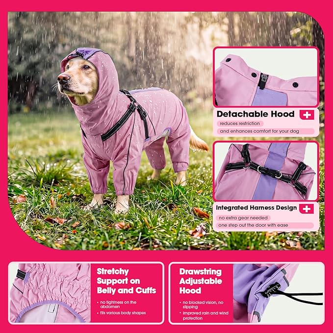 Lelepet Raincoat for Dogs, Rain Jacket Dog with Harness, Waterproof Reflective Coat with Adjustable Detachable Hood, Elastic Waist Zipper Hook and Loop Pet Raincoats, Pink, M