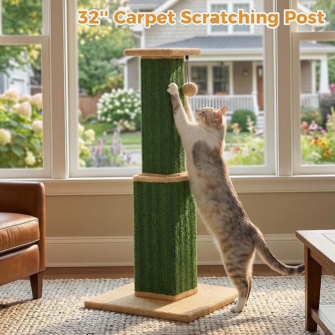 PAWZ Road Carpet Cat Scratching Post 32” Tall Scratching Post for Indoor Cats Adults Ultimate Scratch Post with Carpet, Large Base and Removable Dangling Ball- Green