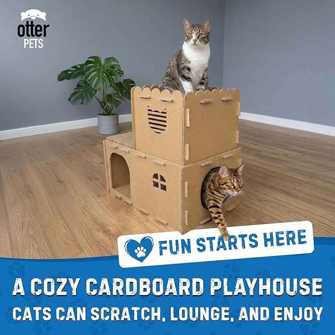 OtterPets Cardboard Cat House with 2-Level Play Design, Two Scratch Pads, Plush Mouse Toy & Soft Fleece Mat, Cat Scratcher House